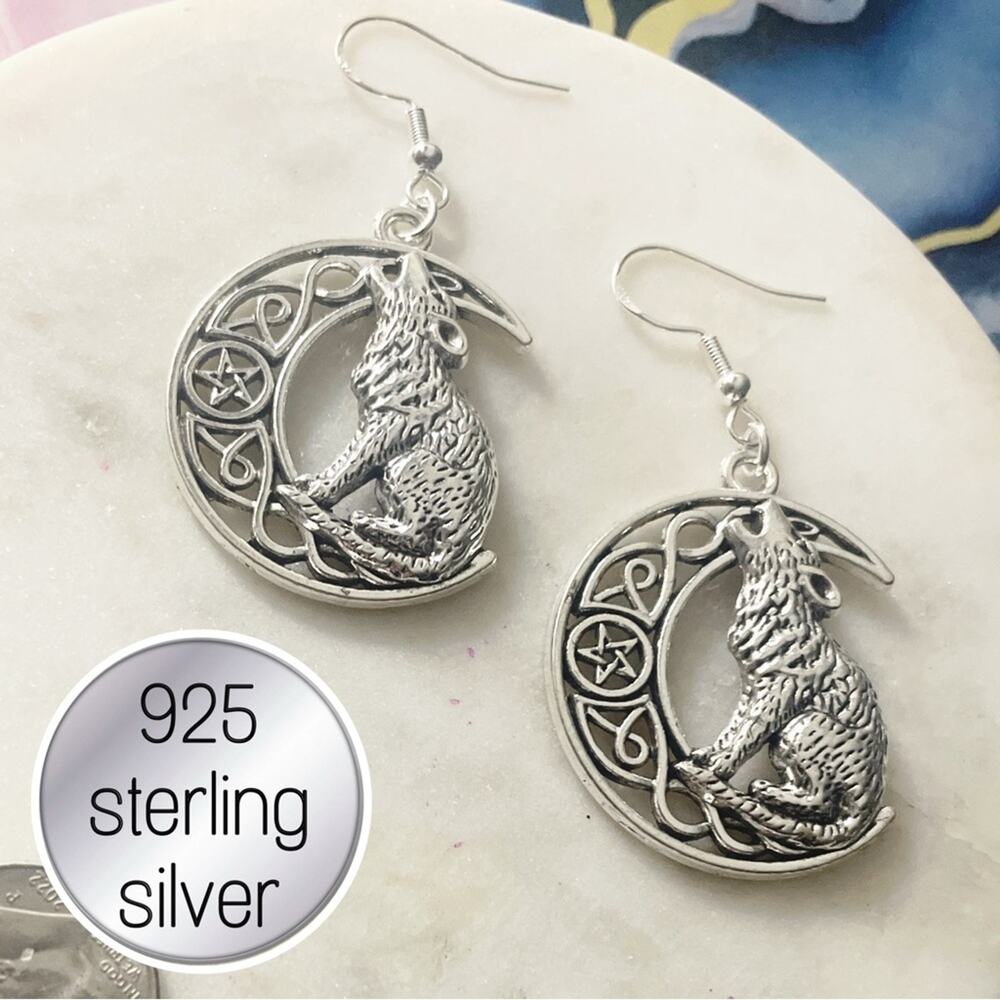 925 Sterling Silver Moon and Wolf Earrings